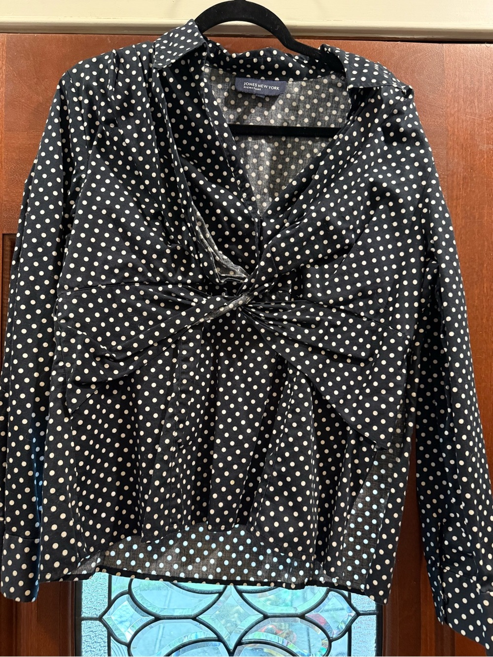 Jones New York Black and White Polka Dot Knot-Front Button Down Shirt